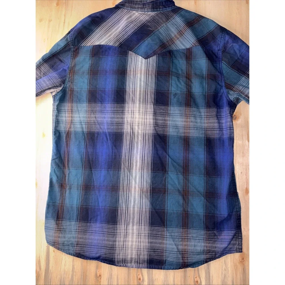 Levis Mens L Long Sleeve Western Snap Up Shirt Blue Gray Black Plaid